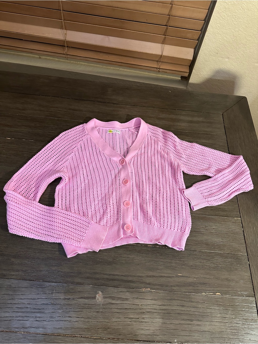 Pink Button-Front Open Knit Girls Sweater 14/16